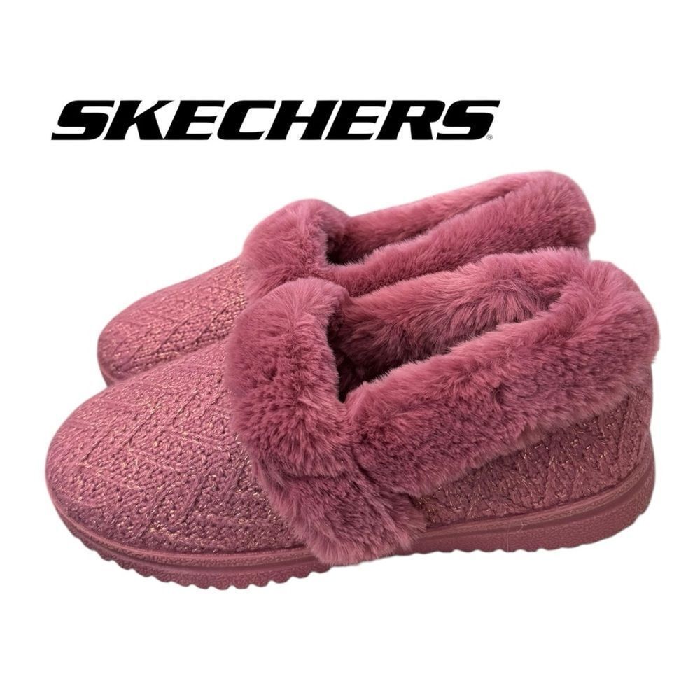 Skechers Women's Cozy Lite Sparkle Sweet Walk Pink Knit Slippers 6.5